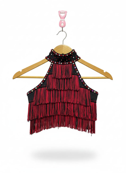 WEISSMAN RED AND BLACK FRINGE CROP TOP DANCE COSTUME|XS/S|BUST 13