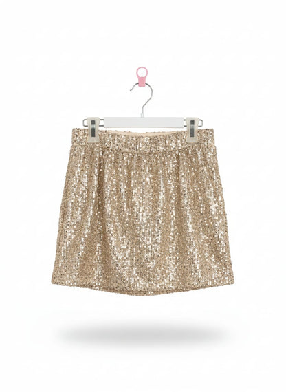 LOVE ON THE HANGER| S| WAIST 26|GOLD SEQUIN ELASTIC WAIST MINI SKIRT