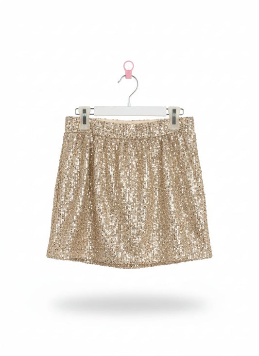 LOVE ON THE HANGER| S| WAIST 26|GOLD SEQUIN ELASTIC WAIST MINI SKIRT