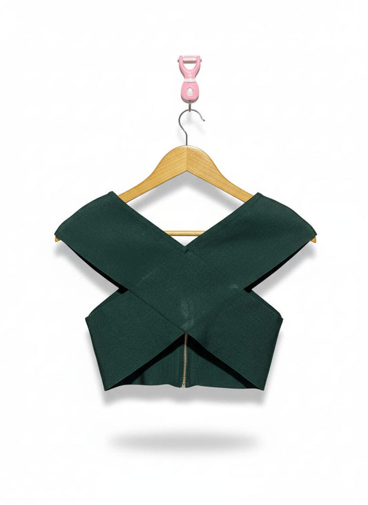 MISTRESS ROCKS| S|BUST 13|DARK GREEN CRISS-CROSS CROP TOP