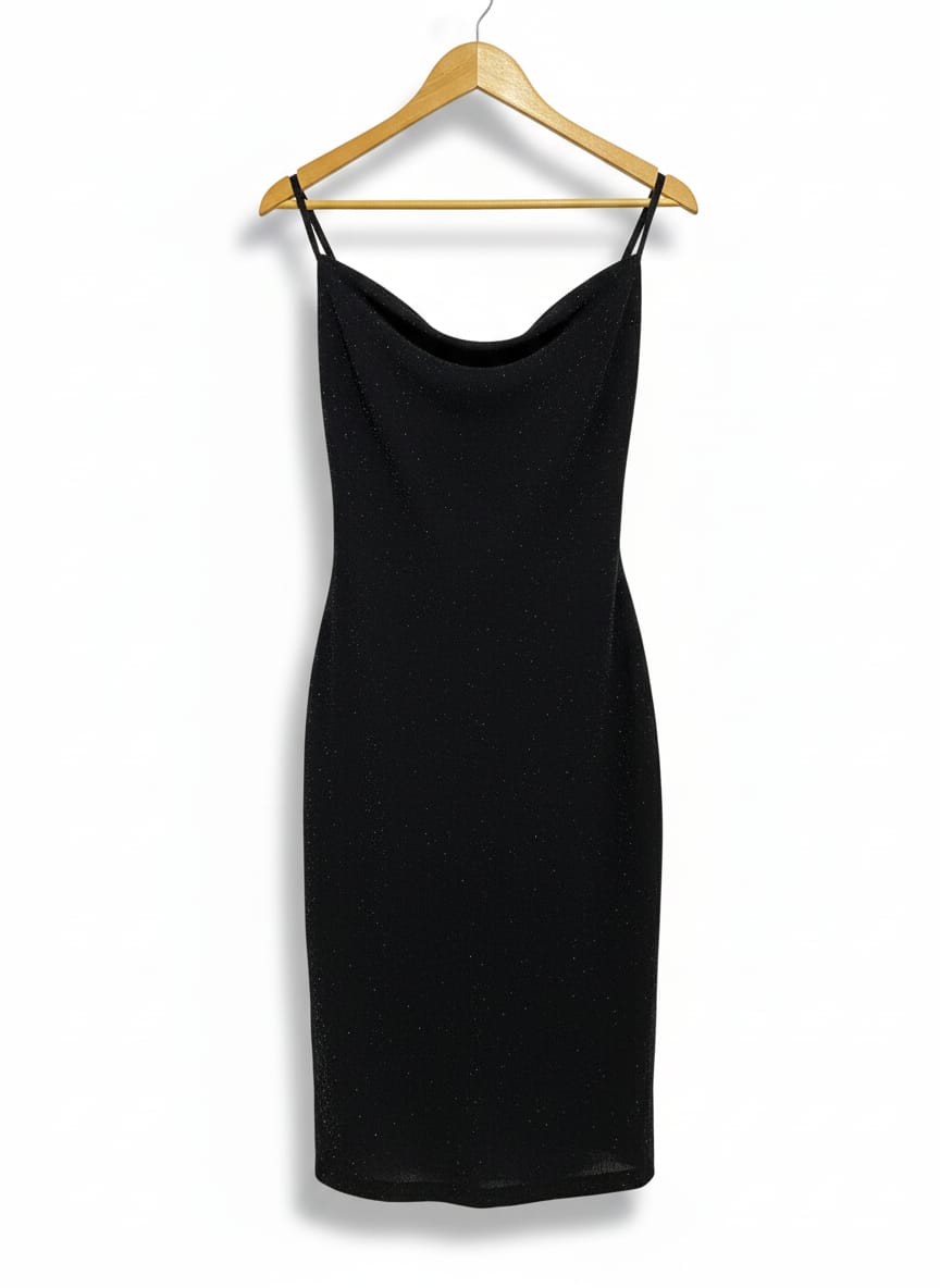 GLASSONS| S|BUST 15|BLACK GLITTER COWL NECK MIDI SLIP DRESS