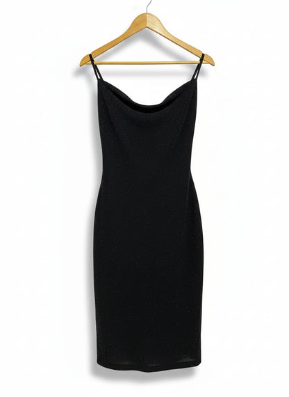 GLASSONS| S|BUST 15|BLACK GLITTER COWL NECK MIDI SLIP DRESS