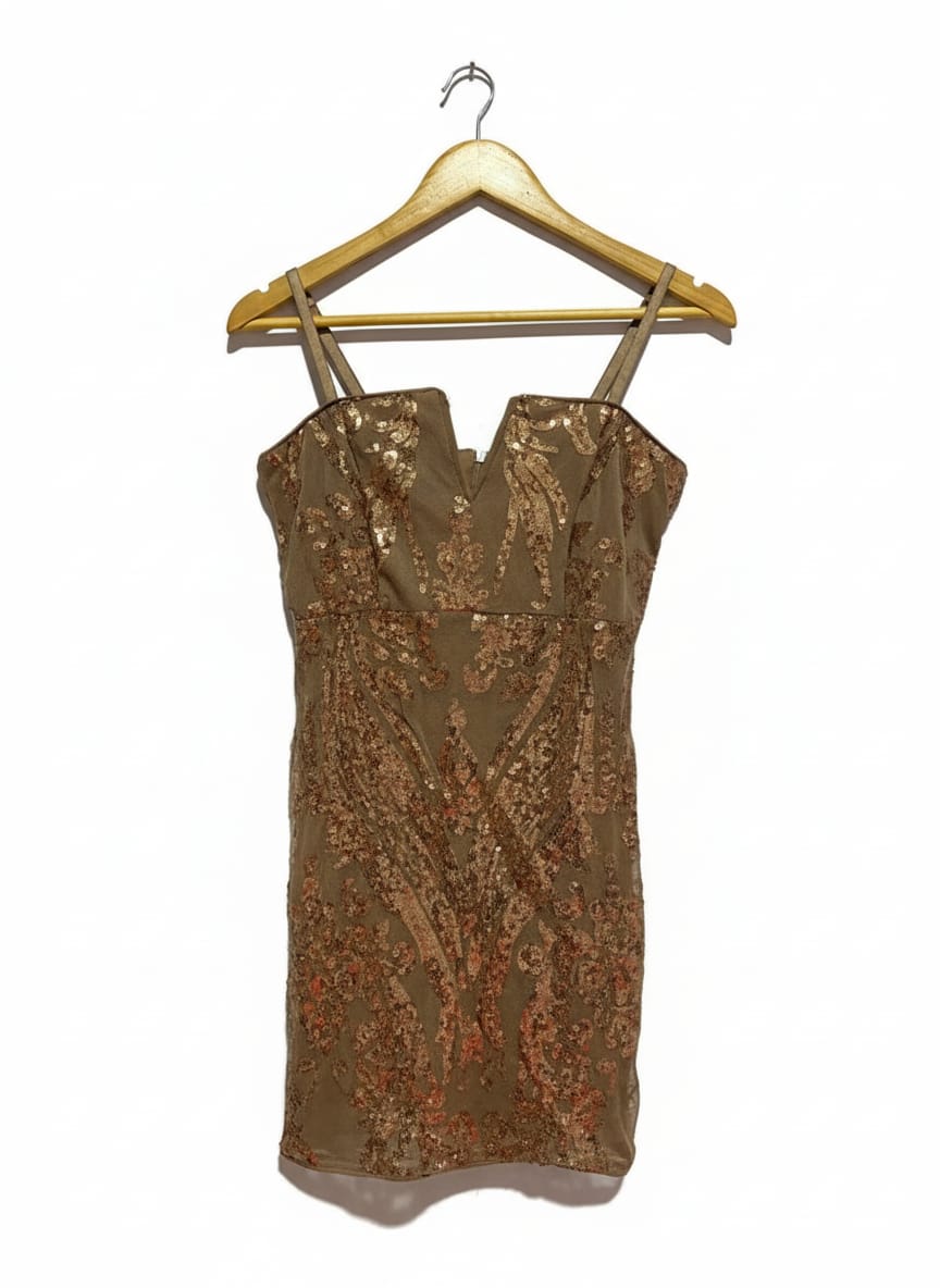 IRIS| S | BUST 15| BROWN AND GOLD SEQUIN MINI DRESS WITH SPAGHETTI STRAPS