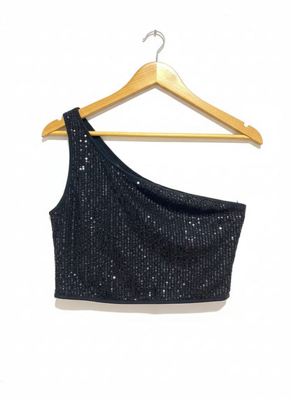 BLACK SEQUIN ONE-SHOULDER CROP TOP|M|BUST 15