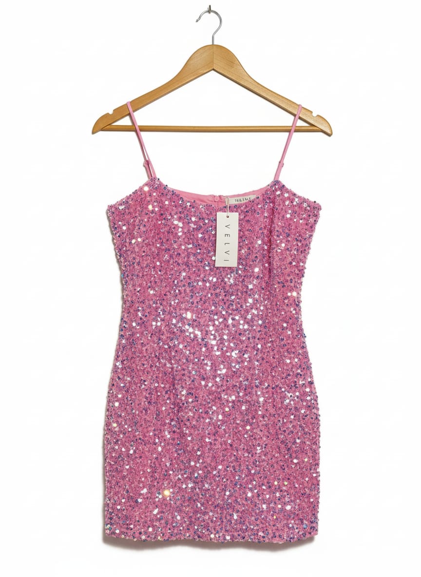 VELVI |L |BUST 16|PINK SEQUIN SPAGHETTI STRAP MINI DRESS