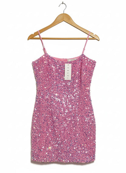 VELVI |L |BUST 16|PINK SEQUIN SPAGHETTI STRAP MINI DRESS