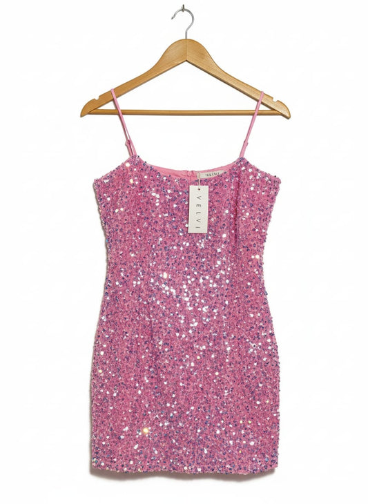 VELVI |L |BUST 16|PINK SEQUIN SPAGHETTI STRAP MINI DRESS