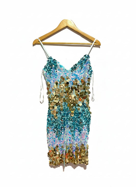 FASHION NOVA|S|BUST 14|SPARKLY BLUE AND GOLD SEQUINED TIGHT MINI DRESS