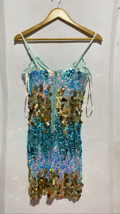 FASHION NOVA|S|BUST 14|SPARKLY BLUE AND GOLD SEQUINED TIGHT MINI DRESS