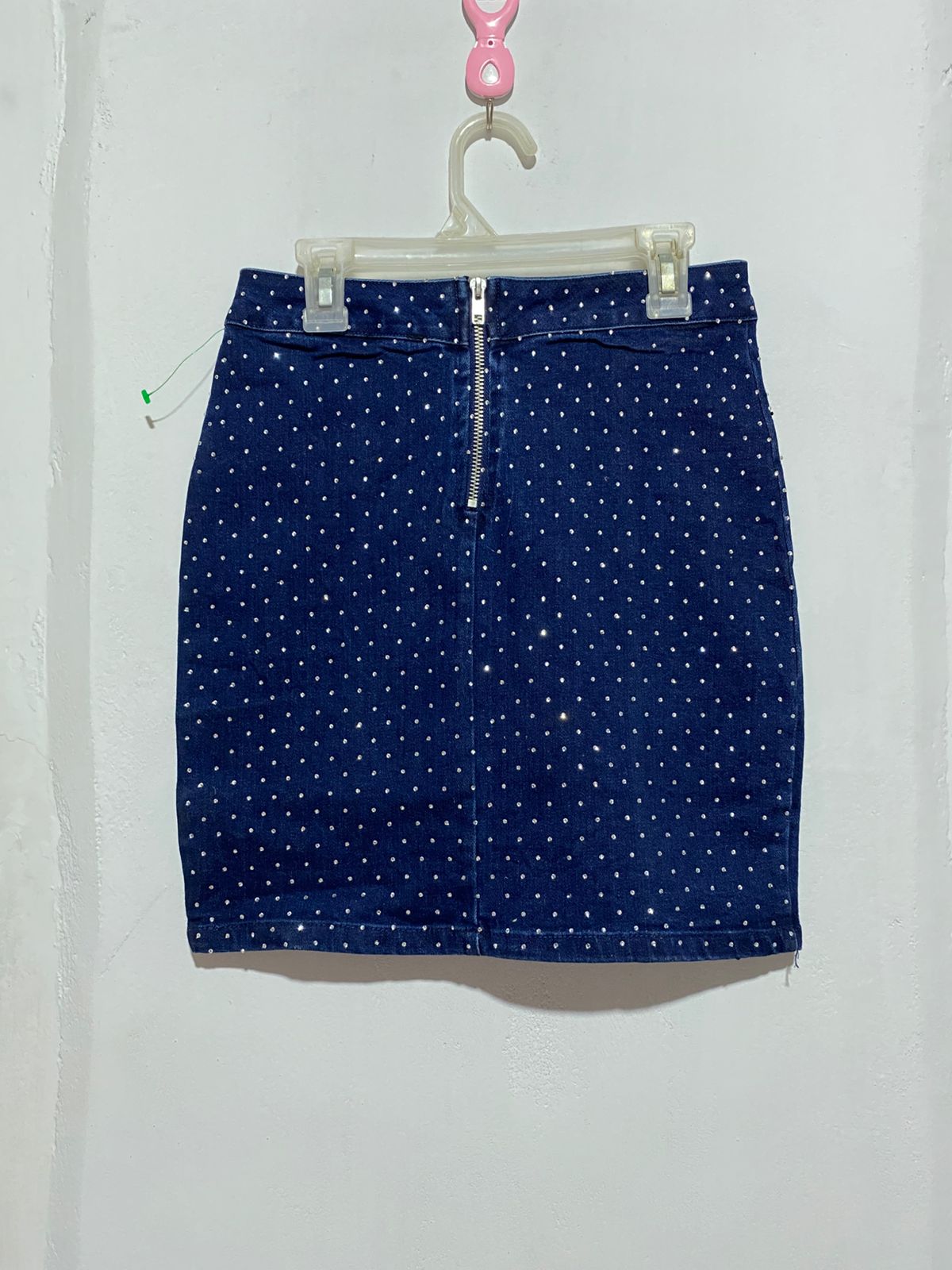 IRIS|S|BUST 26|BLUE DENIM MINI SKIRT WITH  BEAD EMBELLISHMENT