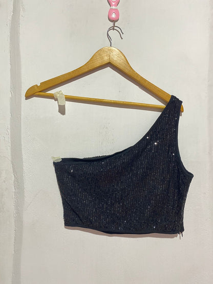 BLACK SEQUIN ONE-SHOULDER CROP TOP|M|BUST 15