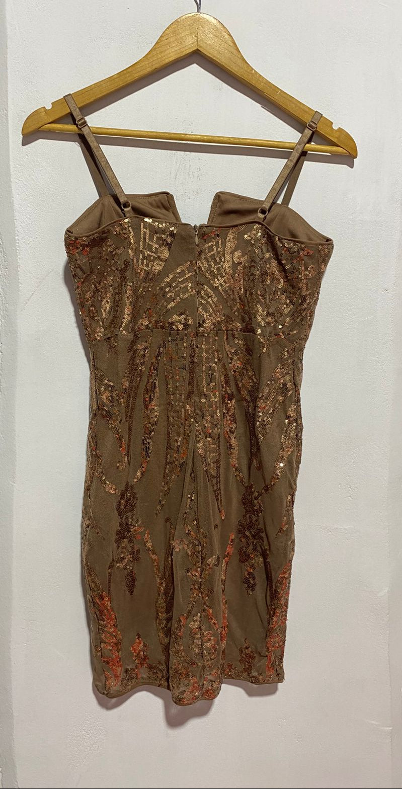 IRIS| S | BUST 15| BROWN AND GOLD SEQUIN MINI DRESS WITH SPAGHETTI STRAPS