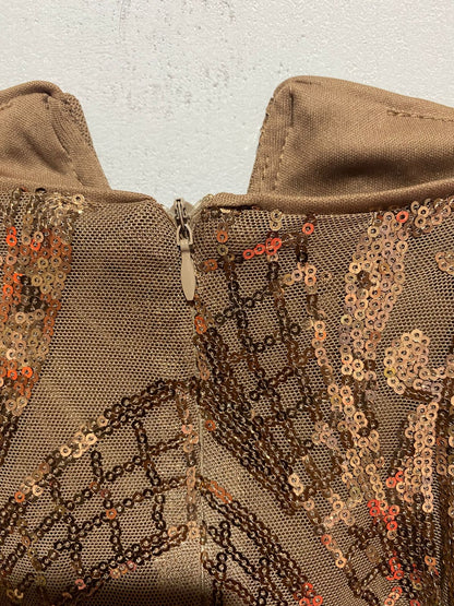 IRIS| S | BUST 15| BROWN AND GOLD SEQUIN MINI DRESS WITH SPAGHETTI STRAPS