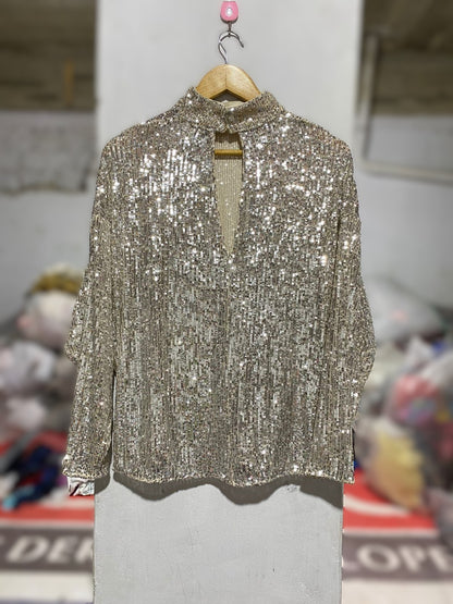 GOLD SEQUIN MOCK TURTLENECK LONG SLEEVE TOP| S/M|BUST 25