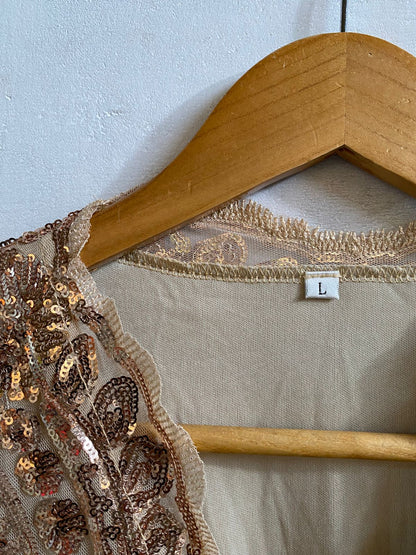 NUDE OR LIGHT GOLD SEQUIN MESH V-NECK MIDI DRESS|L|BUST 17