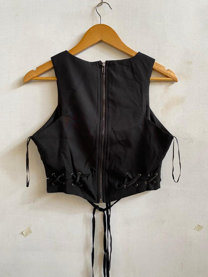 LUVALOT|M|BUST 17|BLACK SLEEVELESS CROP TOP WITH LACE-UP SIDES