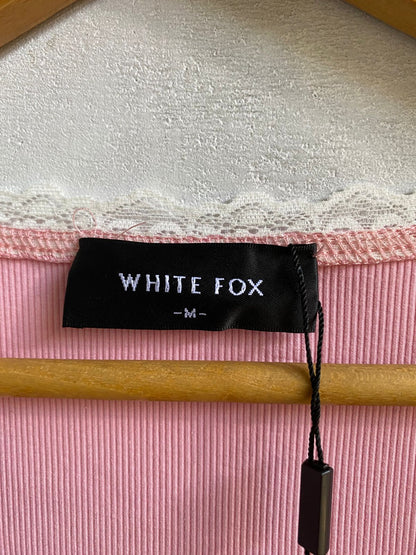 WHITE FOX|M|BUST 13|PINK RIBBED TANK MIDI DRESS WITH WHITE LACE TRIM