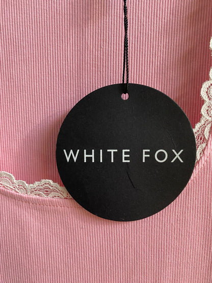 WHITE FOX|M|BUST 13|PINK RIBBED TANK MIDI DRESS WITH WHITE LACE TRIM