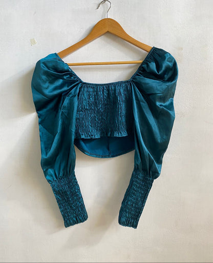 TEAL SATIN PUFF SLEEVE CORSET CROP TOP|S|BUST 12