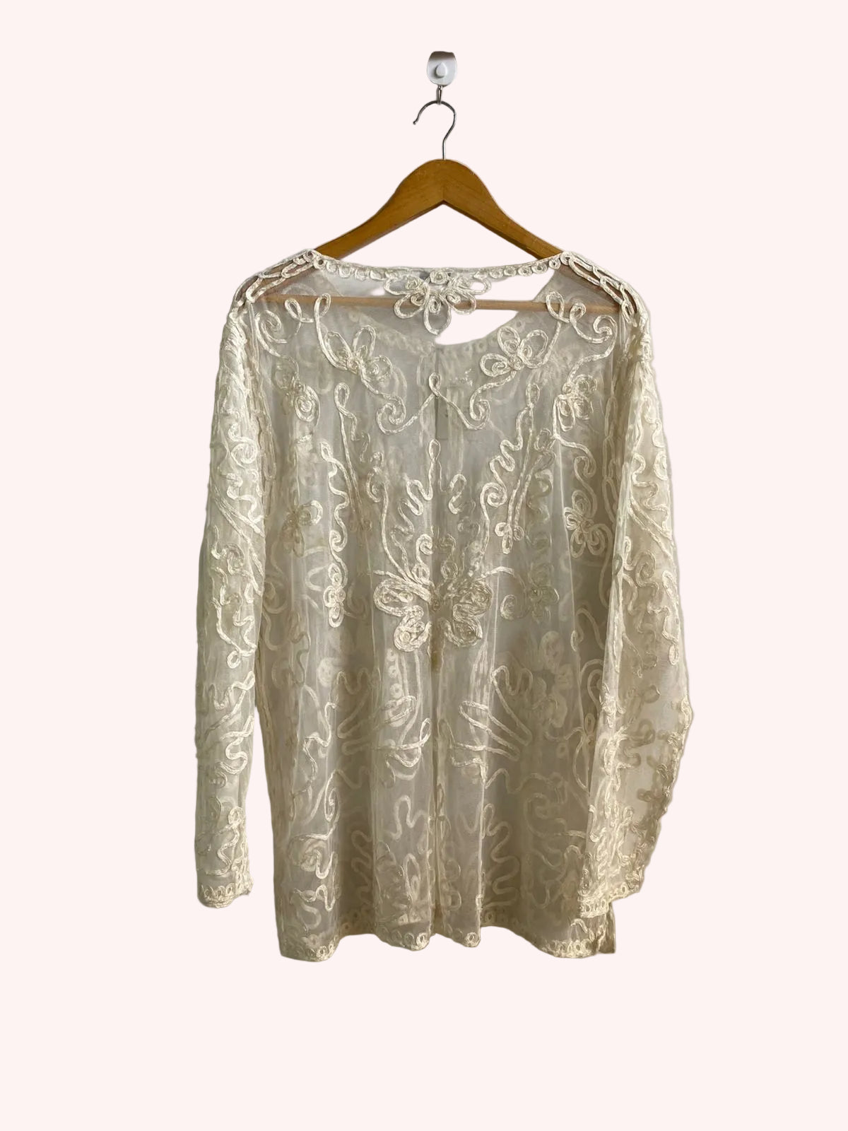 LISA|XL/XXL|BUST 24|Off-White Or Cream Sheer, Long-Sleeved Mesh Blouse