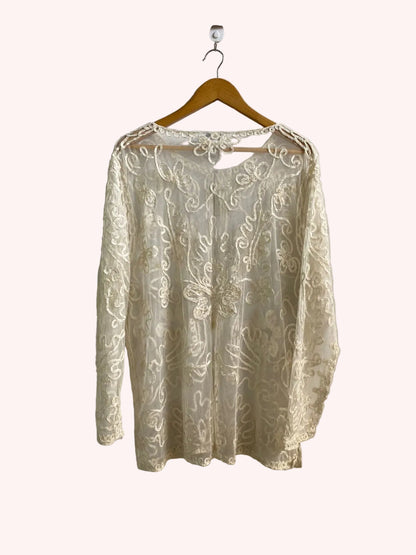 LISA|XL/XXL|BUST 24|Off-White Or Cream Sheer, Long-Sleeved Mesh Blouse