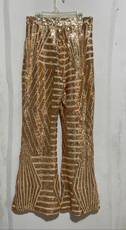 GOLD AND WHITE SEQUINED FLARE PANTS| M/L |WAIST 28