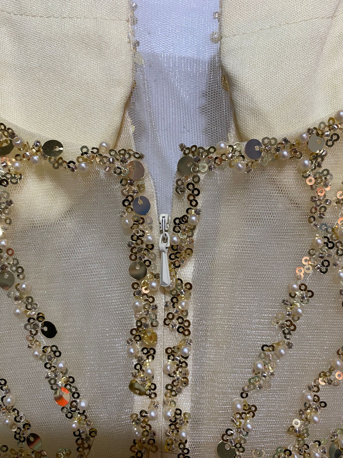 CHAMPAGNE GOLD BEADED MERMAID FORMAL GOWN| S | BUST 16