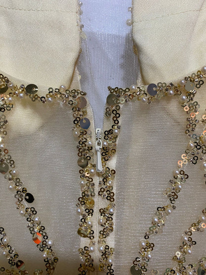 CHAMPAGNE GOLD BEADED MERMAID FORMAL GOWN| S | BUST 16