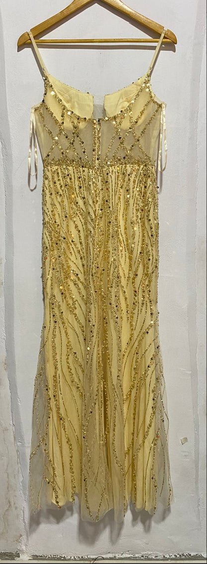 CHAMPAGNE GOLD BEADED MERMAID FORMAL GOWN| S | BUST 16