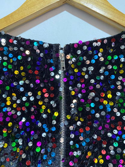 MULTICOLOR SEQUIN BALLOON SLEEVE PLUNGE MINI DRESS| S |BUST  15