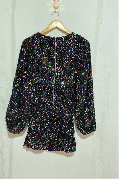 MULTICOLOR SEQUIN BALLOON SLEEVE PLUNGE MINI DRESS| S |BUST  15