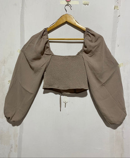 ANKO|S|BUST 13|TAUPE PUFF SLEEVE DRAWSTRING FRONT CROP TOP