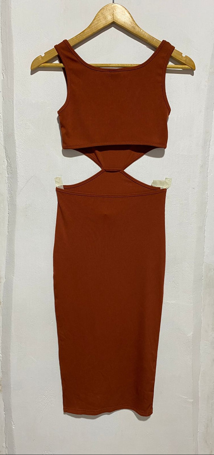 SHEIN |XS|BUST 12|RUST BROWN RIBBED CUT-OUT MIDI DRESS