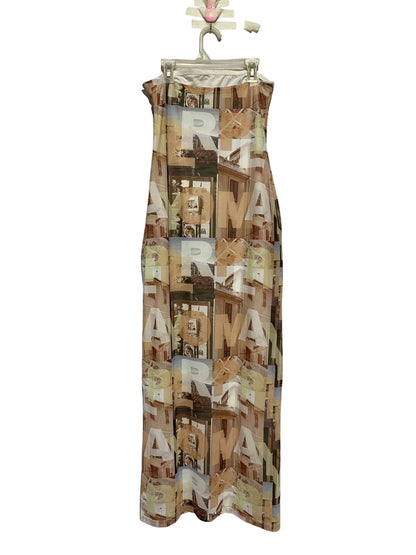 PEPPERMAYO|XS|BUST 13|"ROMA" ARCHITECTURAL PRINT STRAPLESS MESH MAXI DRESS