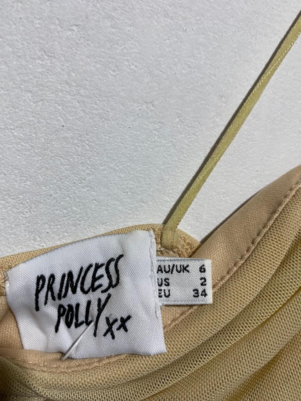 PRINCESS POLLY |XS|BUST 13|BEIGE OR CHAMPAGNE RUCHED MIDI BODYCON DRESS