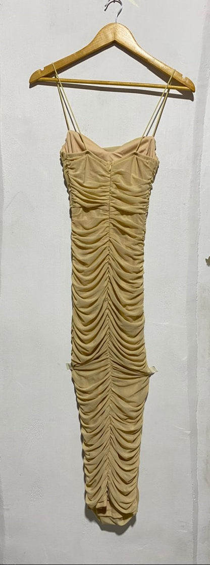 PRINCESS POLLY |XS|BUST 13|BEIGE OR CHAMPAGNE RUCHED MIDI BODYCON DRESS