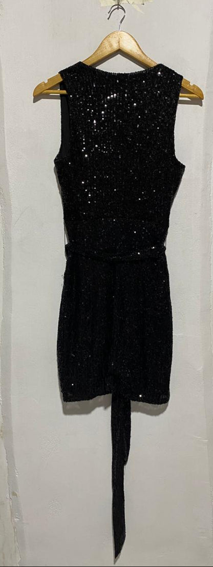 ATMOS & HERE|S/M|BUST 14|BLACK SEQUIN SLEEVELESS WRAP MINI DRESS