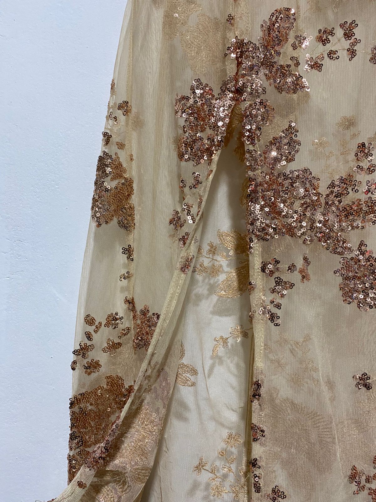 BEIGE OR CHAMPAGNE SEQUIN MAXI DRESS|S|BUST 14