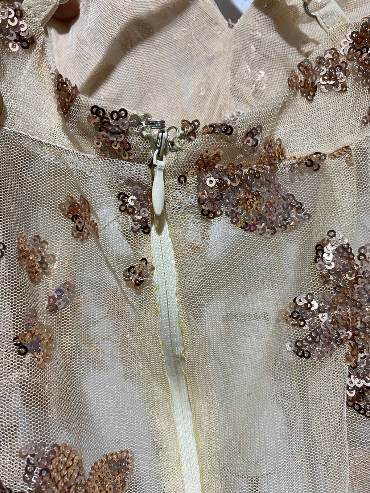 BEIGE OR CHAMPAGNE SEQUIN MAXI DRESS|S|BUST 14