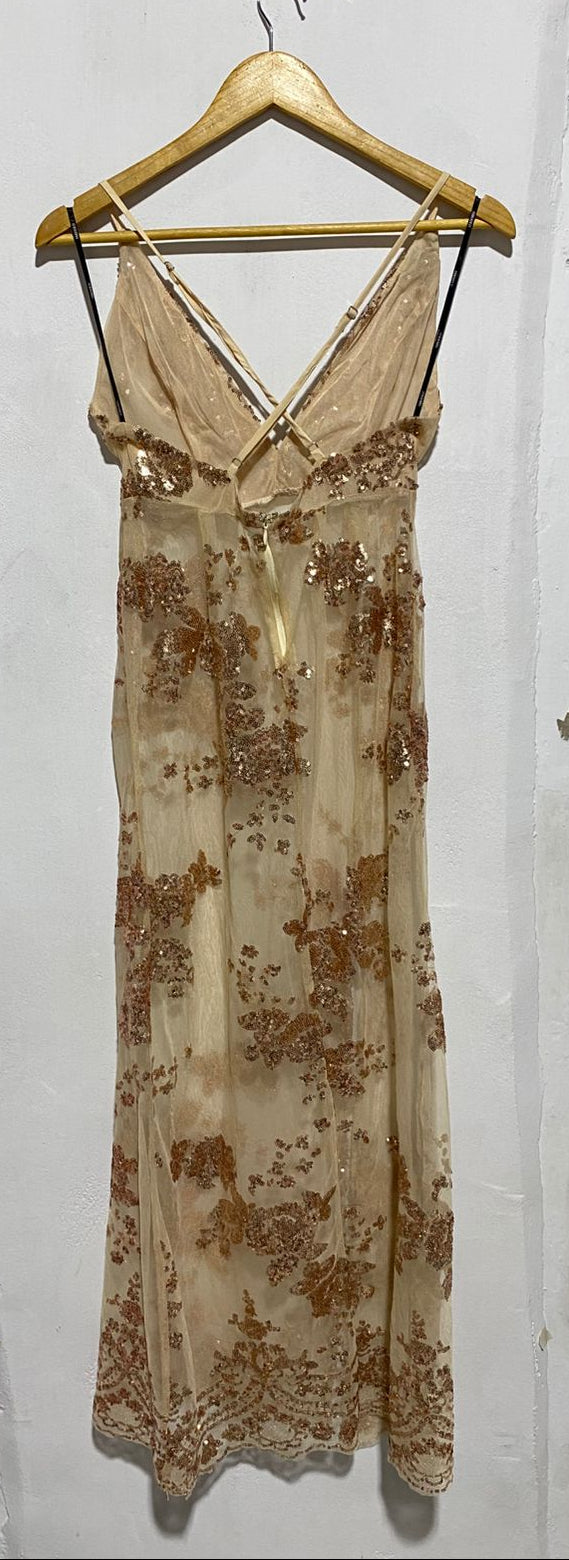 BEIGE OR CHAMPAGNE SEQUIN MAXI DRESS|S|BUST 14