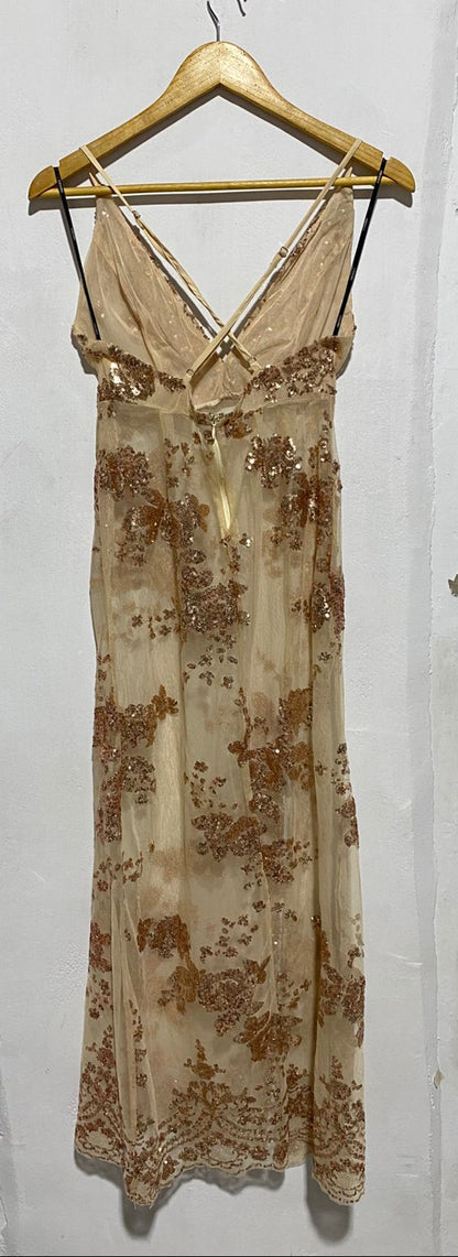 BEIGE OR CHAMPAGNE SEQUIN MAXI DRESS|S|BUST 14