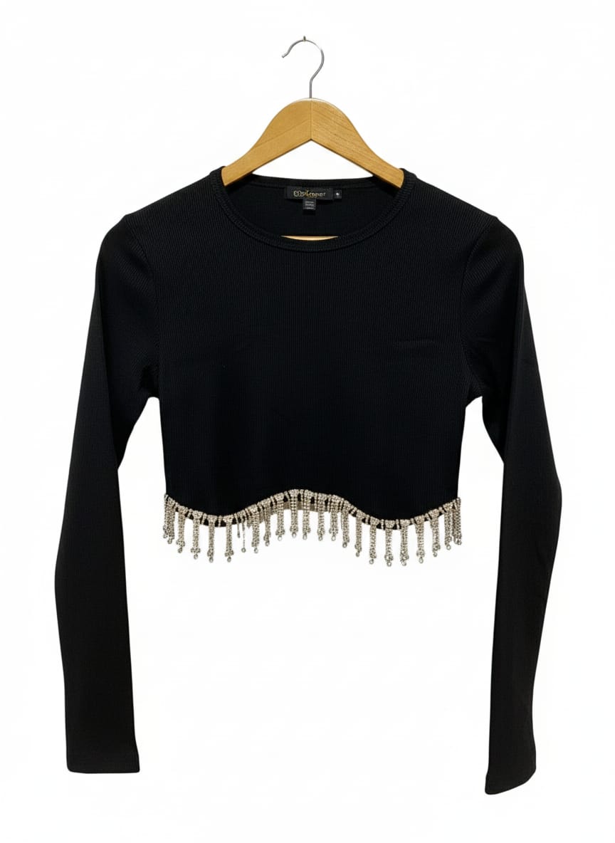 BLACK LONG SLEEVE CROP TOP WITH RHINESTONE FRINGE|M|BUST 15