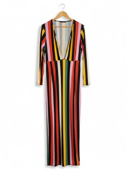 BOOHOO | XL|BUST 20|MULTI-COLOR VERTICAL STRIPED DEEP V-NECK MIDI DRESS