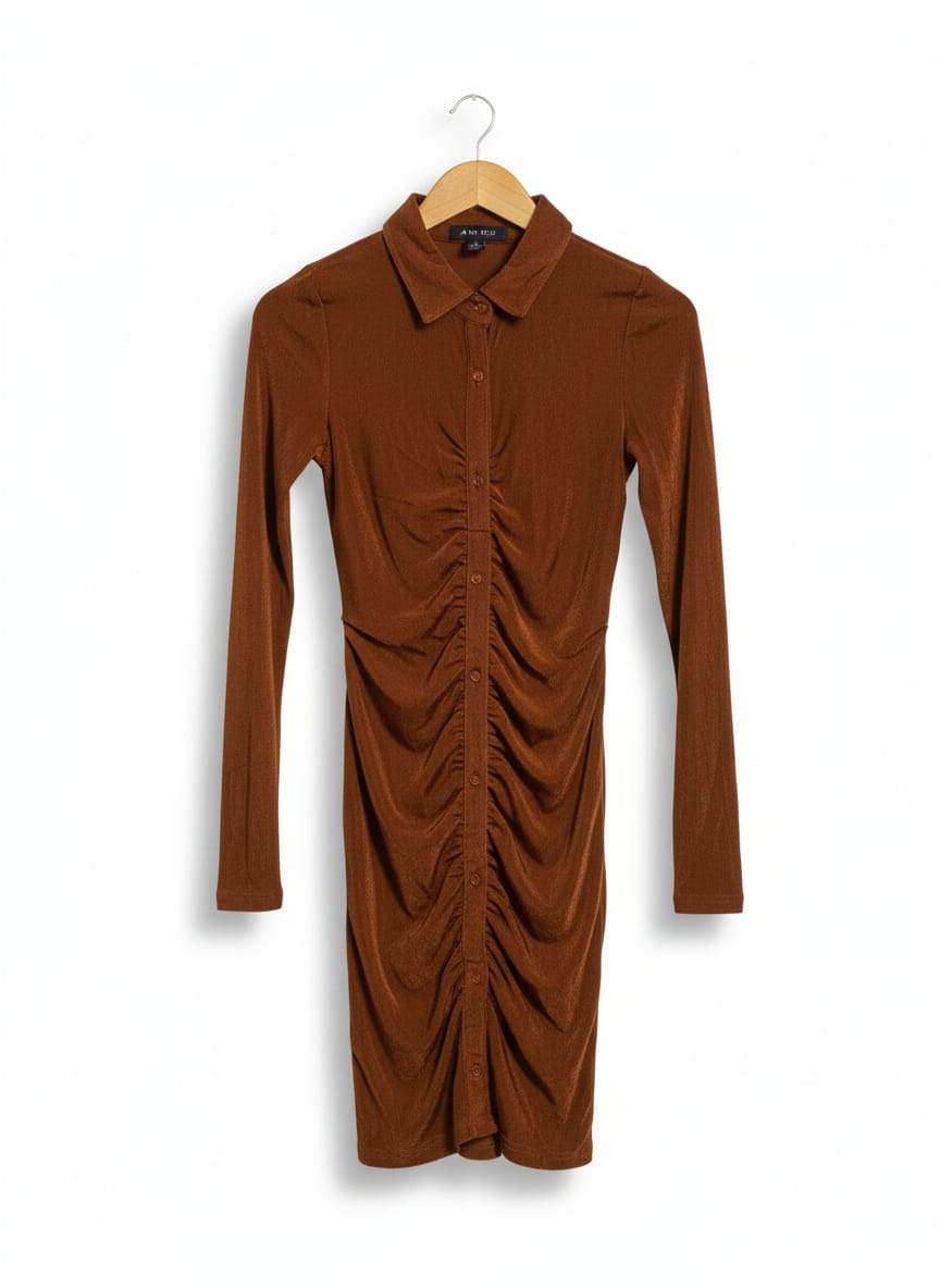 AMISU |S |BUST 14|C4|BROWN RUCHED BODYCON SHIRT DRESS