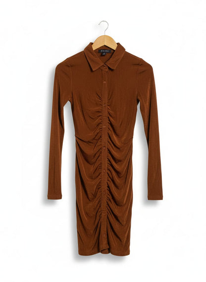 AMISU |S |BUST 14|C4|BROWN RUCHED BODYCON SHIRT DRESS