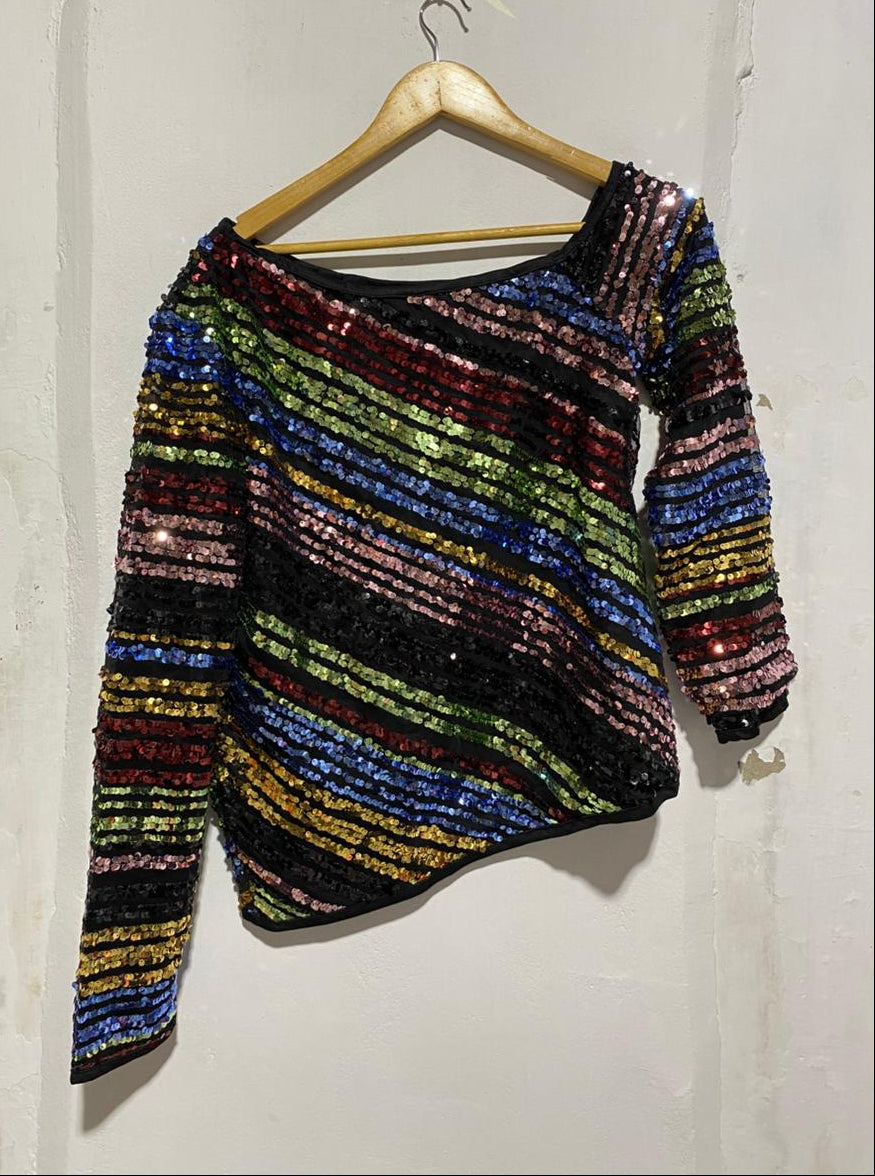 RAINBOW STRIPED SEQUIN ASYMMETRICAL TOP|S/M|BUST 19