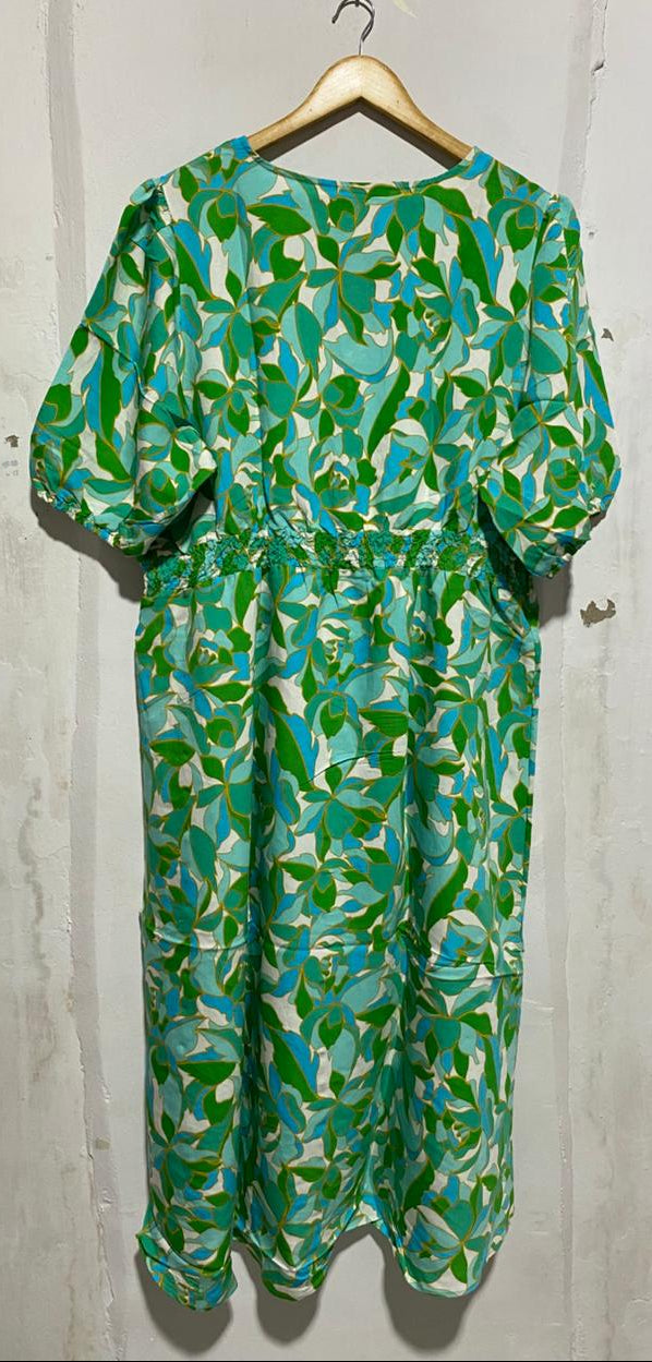 BEME|XL|BUST 23|GREEN AND BLUE LEAF PRINT MIDI DRESS