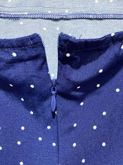 RIHOAS|M|BUST 18| NAVY ROUND NECK POLKA DOT CUTOUT MIDI DRESS