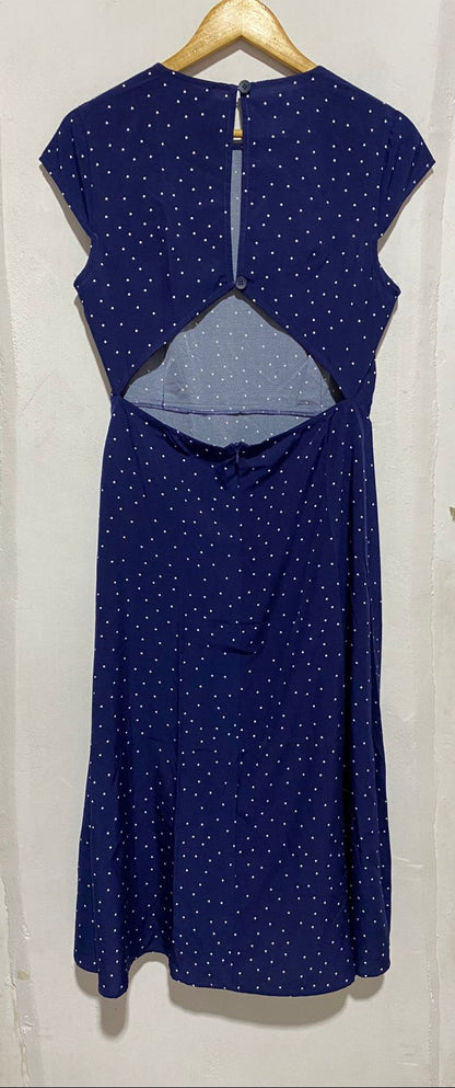 RIHOAS|M|BUST 18| NAVY ROUND NECK POLKA DOT CUTOUT MIDI DRESS