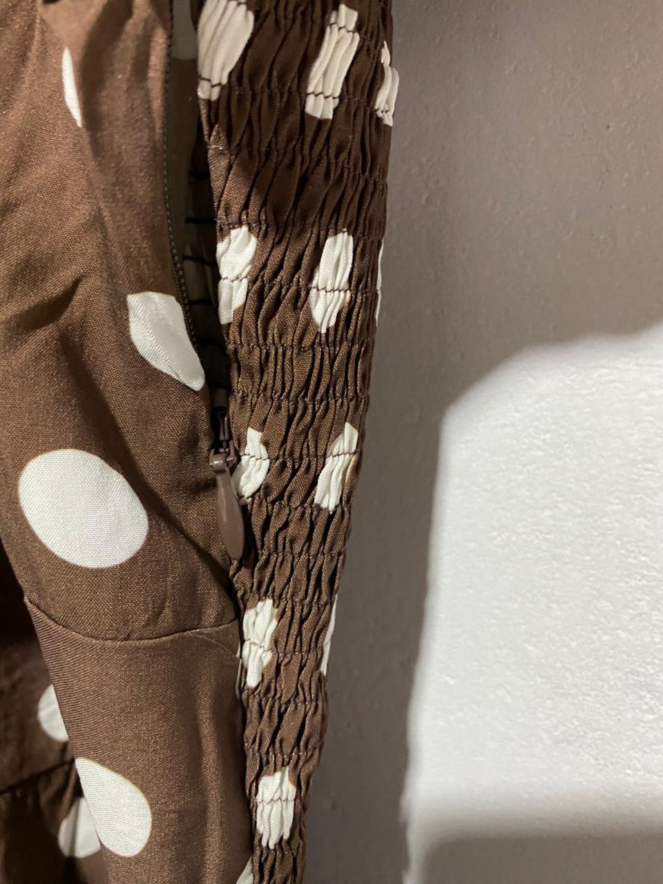 HAZEL&FOLK|L|BUST 17|LOCKLIN BROWN AND WHITE POLKA DOT MIDI DRESS